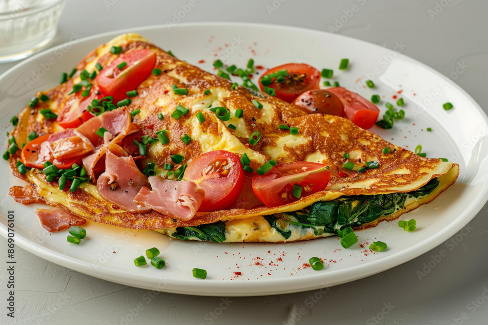 Spinach, Ham, and Tomato Omelette on a White Plate Spinach, Ham, and Tomato Omelette on a White Plate