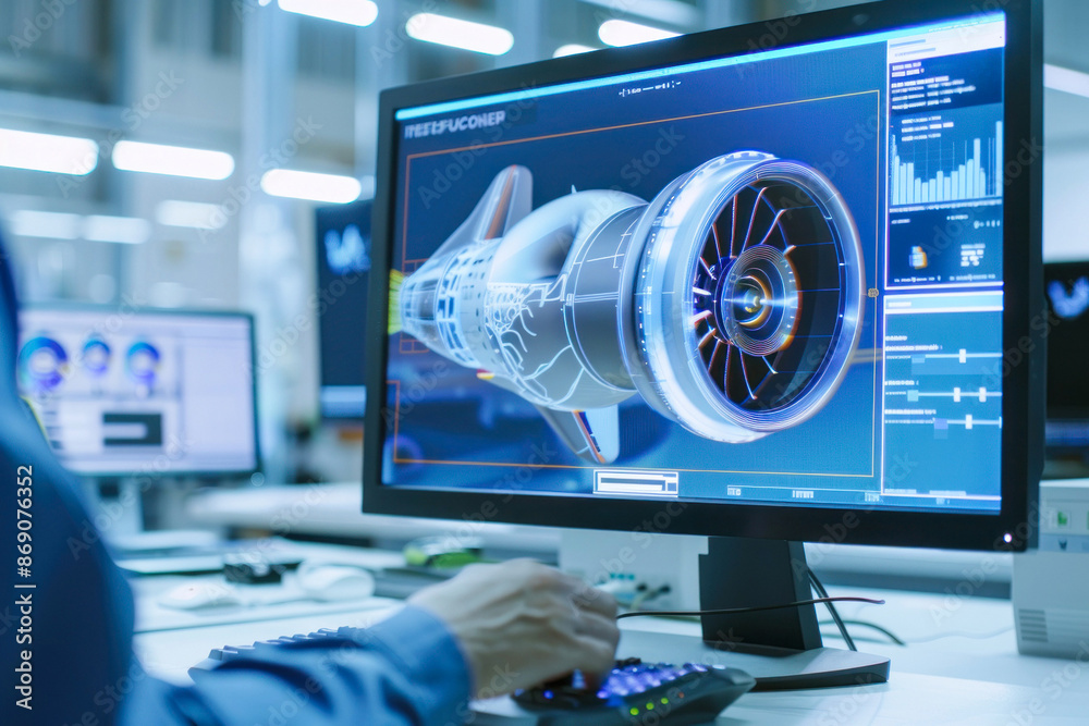 Naklejka premium Engineer analyzing advanced jet engine blueprint.