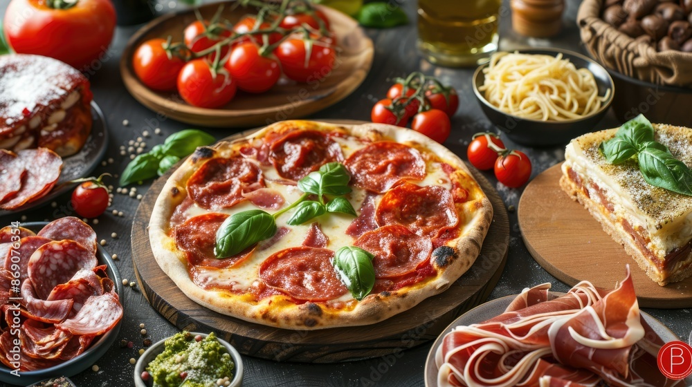 Vibrant Italian Culinary Spread with Margherita Pizza Pasta and Cured Meats Vibrant Italian Culinary Spread with Margherita Pizza Pasta and Cured Meats