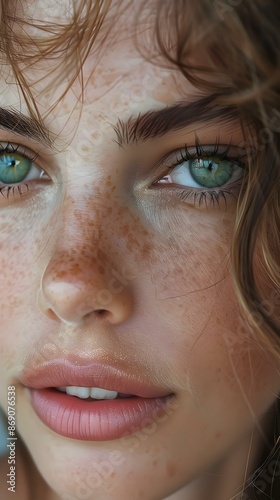 Close Up of a Woman with Freckles and Green Eyes
