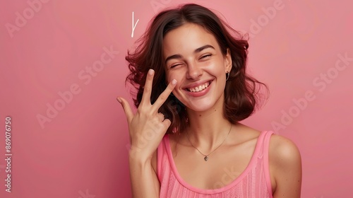young pretty woman feeling happy positive and successful with hand making v shape over chest showing victory or peace : Generative AI