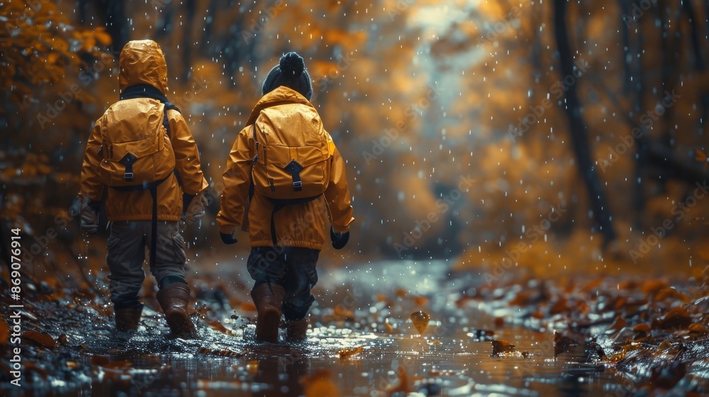Children Walking in Autumn Rain - Generative AI Children Walking in Autumn Rain - Generative AI