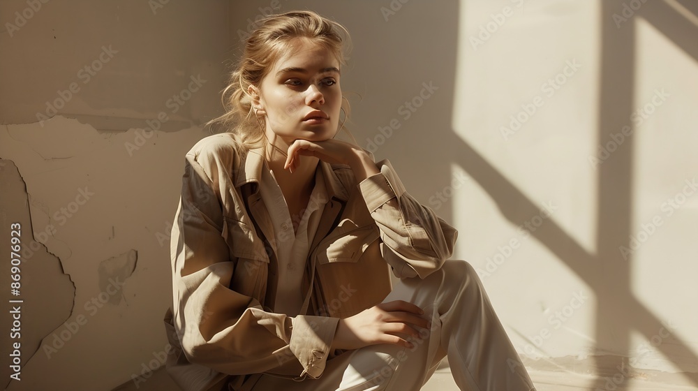 Fototapeta premium sensual woman in total beige casual attire posing on knee and looking away in sunshine on grey : Generative AI
