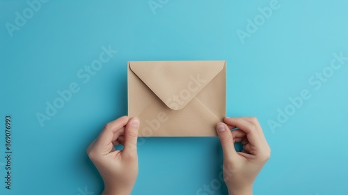 Photo of A person holding an envelope on blue background, top view with copy space concept for mail or message . Web banner with copyspace on the right side, flat lay 