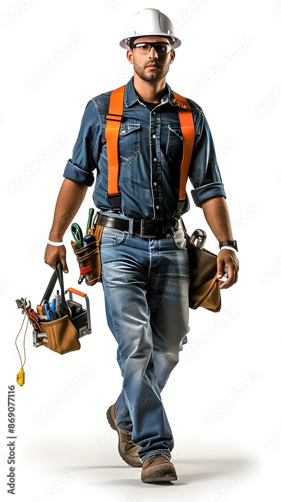 A construction worker wearing a hard hat, safety glasses, and tool belt carries a toolbox. A construction worker wearing a hard hat, safety glasses, and tool belt carries a toolbox.