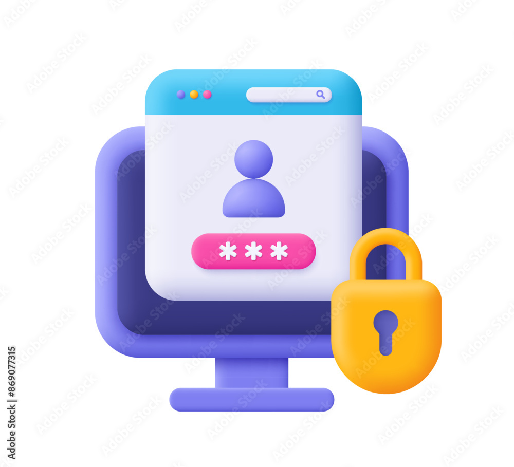 Secure login form page with password on computer and padlock. Sign in to account, safety verification, personal online account protection. 3d vector icon. Cartoon minimal style. Secure login form page with password on computer and padlock. Sign in to account, safety verification, personal online account protection. 3d vector icon. Cartoon minimal style.