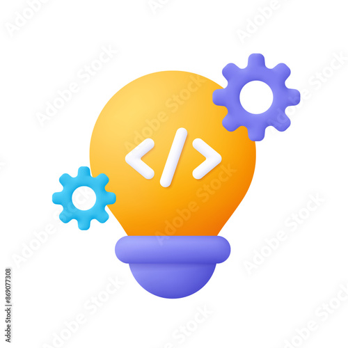 Light bulb with coding sign and gear. Creative coding and development idea concept. 3d vector icon. Cartoon minimal style.