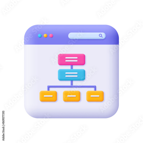 Information architecture, project flowchart, wireframe structure. Web development, information system engineering, data architecture concept. 3d vector icon. Cartoon minimal style.