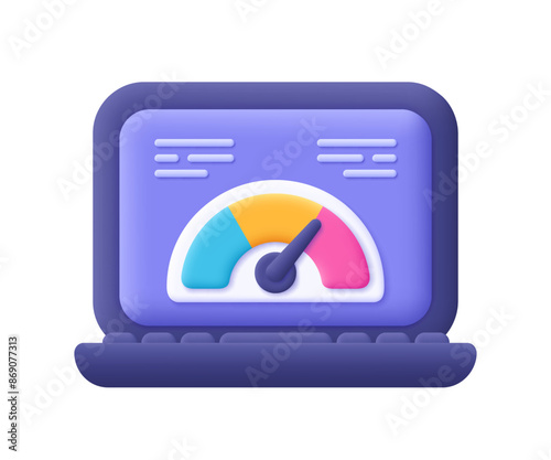 Laptop with speedometer on the screen. Speed test of internet connection, speed optimization and SEO concept.3d vector icon. Cartoon minimal style.