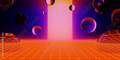 3d illustration rendering of gaming abstract background in scifi cyberpunk style and neon stage display showcase