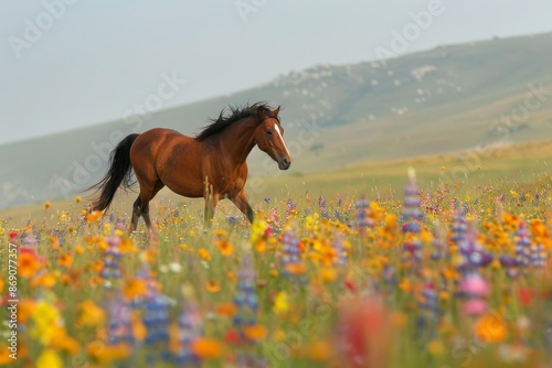 A horse gallops freely through colorful flowers in a field, A wild horse running freely through a field of colorful wildflowers