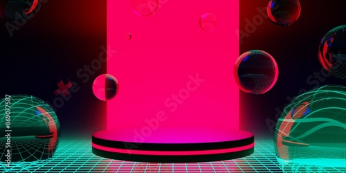 3d illustration rendering of gaming abstract background in scifi cyberpunk style and neon stage display showcase
