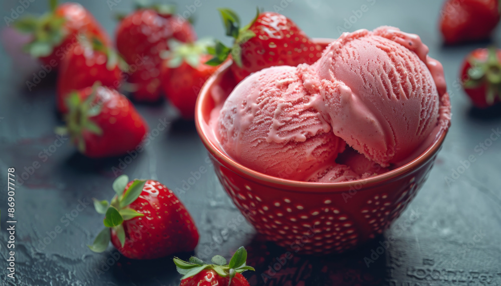 Bowl of Strawberry Ice Cream with Fresh Strawberries