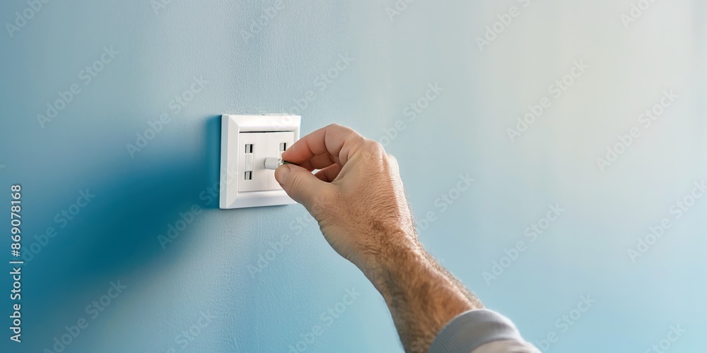 A hand is carefully inserting an electrical plug into a white socket installed on a blue-painted wall, indicating an electrical connection process in progress. A hand is carefully inserting an electrical plug into a white socket installed on a blue-painted wall, indicating an electrical connection process in progress.