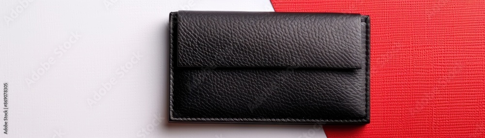 custom made wallpaper toronto digitalTop view of a sleek black leather wallet placed on a red and white background, perfect for storing cards and cash in style.