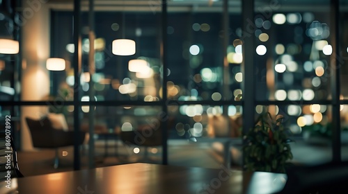 At night beautiful Abstract blurred office interior room blurry working space with defocused effect : Generative AI