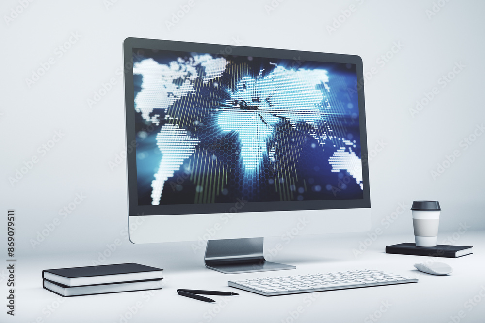 Abstract digital world map on modern computer monitor, big data and blockchain concept. 3D Rendering Abstract digital world map on modern computer monitor, big data and blockchain concept. 3D Rendering