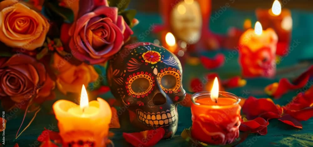 Day of the Dead, candles and skulls with roses on a table. Day of the Dead, candles and skulls with roses on a table.