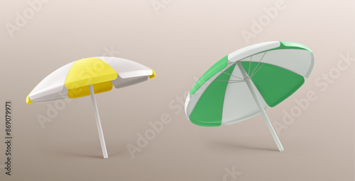 Open yellow and green beach umbrella. Realistic 3d vector illustration set of sunshade sea vacation and travel equipment. Shore or pool relax object. Safety outdoor summertime sunbath concept mockup.