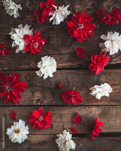 Red and white flowers on a wooden background, folk pattern, tradition and culture. Soft natural lighting,