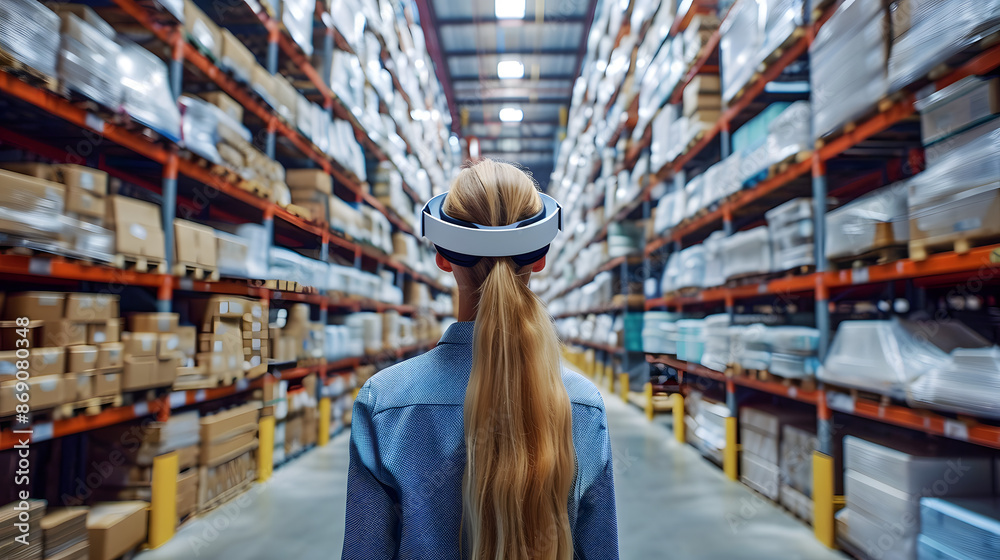 Fototapeta premium Future virtual reality technology for innovative VR warehouse management . Concept of smart technology for industrial revolution and automated logistic control