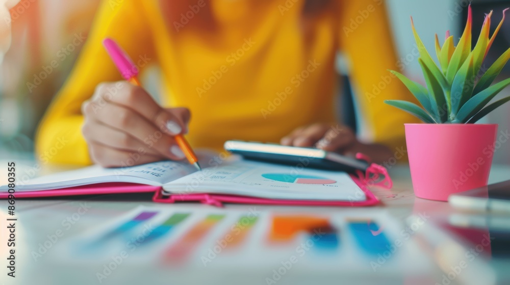 A person using a calculator and writing in a notebook with financial graphs and charts in the background. This image highlights budgeting and expense management, with space for financial concepts. A person using a calculator and writing in a notebook with financial graphs and charts in the background. This image highlights budgeting and expense management, with space for financial concepts.
