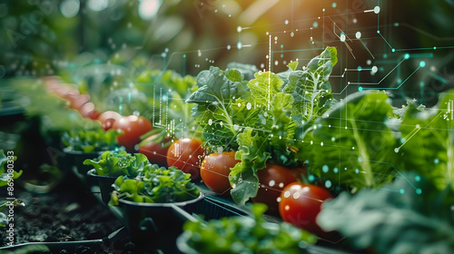 Futuristic agriculture concept with smart technology Analysis report on digital screen Artistic nature background with text space Copy space image Place for adding text or design