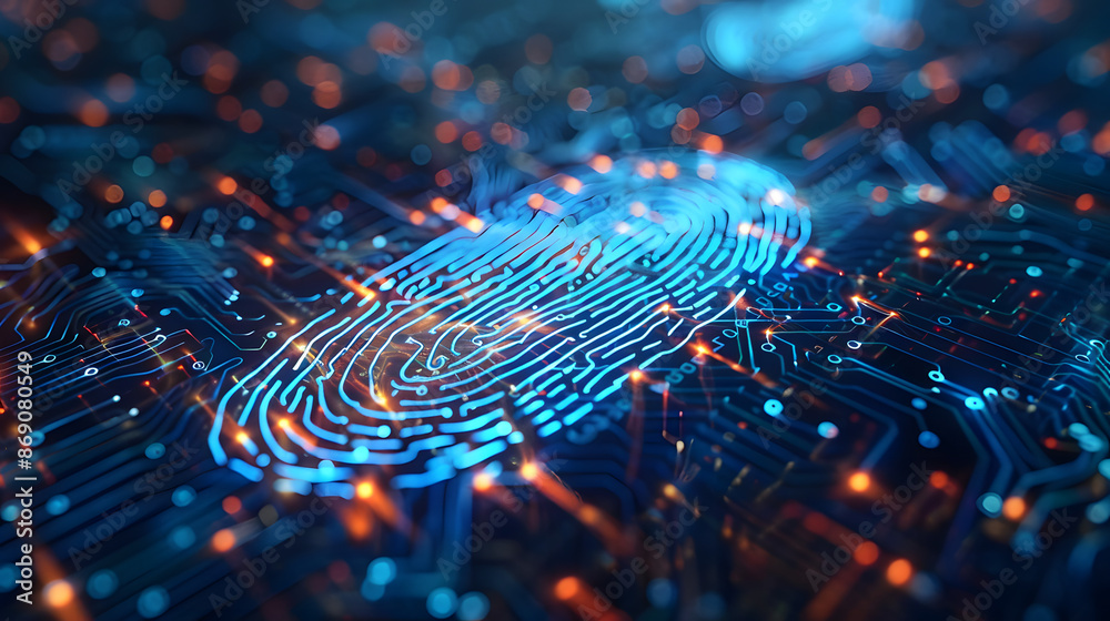 futuristic digital processing of biometric fingerprint scanner. concept of surveillance and security scanning of digital programs and fingerprint biometrics futuristic digital processing of biometric fingerprint scanner. concept of surveillance and security scanning of digital programs and fingerprint biometrics