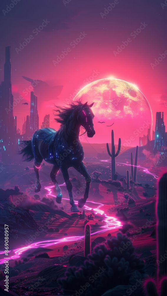 Naklejka premium Focus on a cybernetic horse galloping through a neon desert, with glowing cacti, at twilight, in a cyberpunk style, with space on the right for text