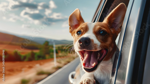 happy dog with head out of the car window having fun © john