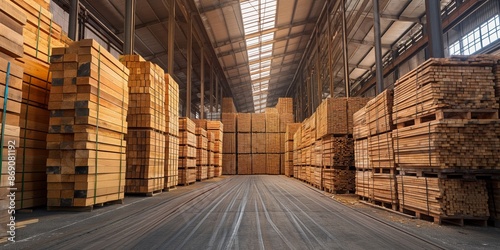 Wallpaper Mural An expansive warehouse filled with stacks of wooden planks organized in rows, showcasing the large-scale storage capabilities essential for the construction and furnishing industries. Torontodigital.ca