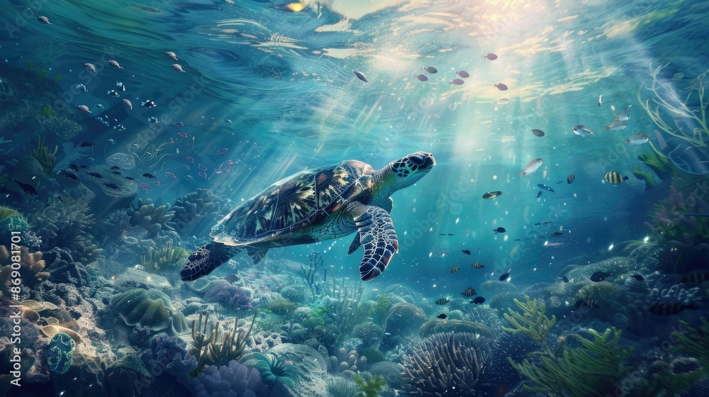 Graceful Sea Turtle Gliding Through Vibrant Underwater Ecosystem with Schools of Fish and Swaying Vegetation Graceful Sea Turtle Gliding Through Vibrant Underwater Ecosystem with Schools of Fish and Swaying Vegetation