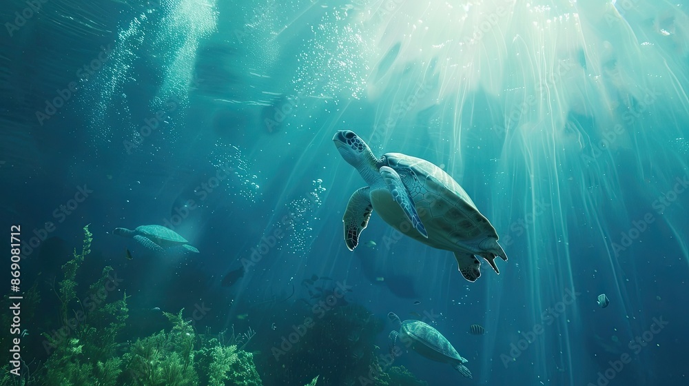 Fototapeta premium Majestic Sea Turtles Gliding Through a Vibrant Underwater Oasis of Marine Life and Natural Beauty