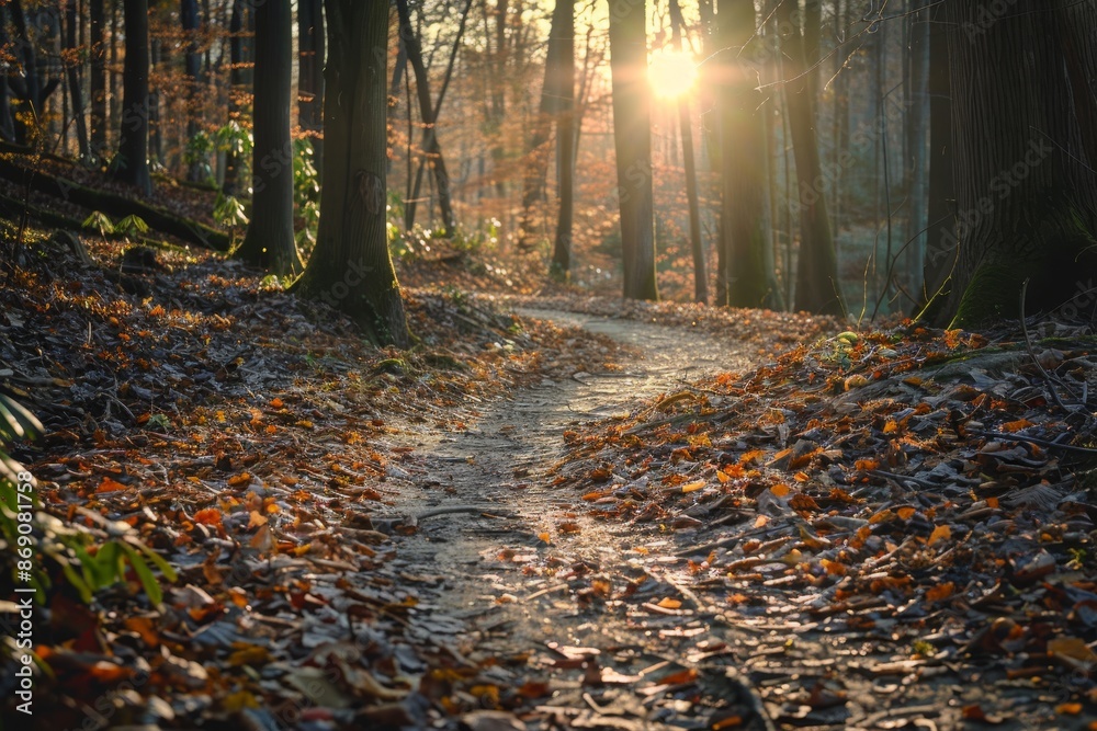 Path winding through forest floor covered in fallen leaves, A winding path covered in fallen leaves leading through a sunlit forest Path winding through forest floor covered in fallen leaves, A winding path covered in fallen leaves leading through a sunlit forest