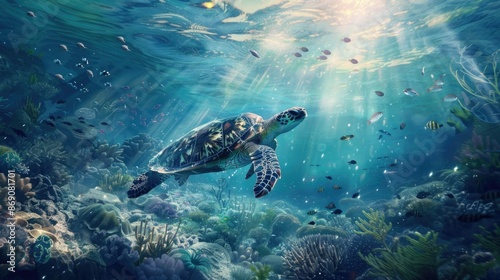 Graceful Sea Turtle Gliding Through Vibrant Underwater Ecosystem with Schools of Fish and Swaying Vegetation © Varunee