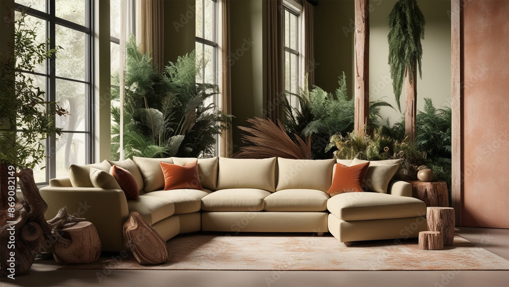 Photo of interior design featuring a harmonious blend of modern elegance and organic elements Photo of interior design featuring a harmonious blend of modern elegance and organic elements