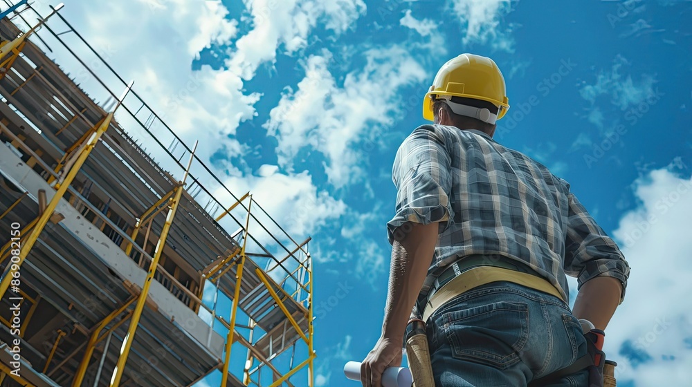 Fototapeta premium Construction Worker Surveying Building Site with Hard Hat and Blueprint