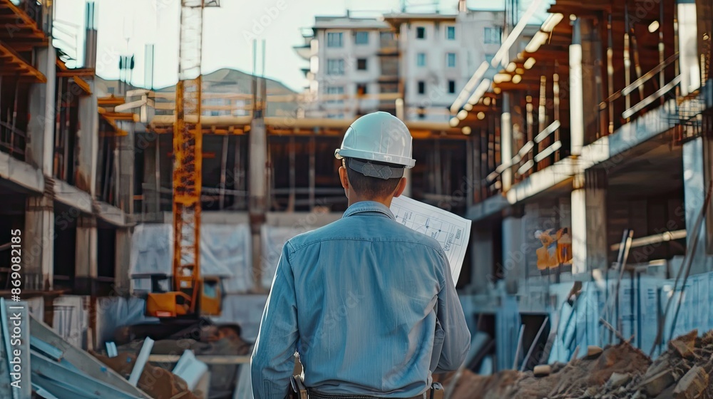 Skilled Construction Engineer Analyzing Blueprints and Guiding the Bustling Progress of the Building Site Skilled Construction Engineer Analyzing Blueprints and Guiding the Bustling Progress of the Building Site
