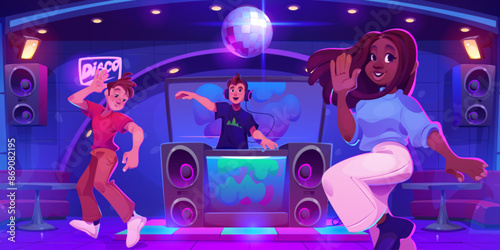 People dancing to dj music in nightclub. Vector cartoon illustration of young guy and African girl moving to songs on floor, disco ball above sound mixer, loudspeakers and floodlight illumination