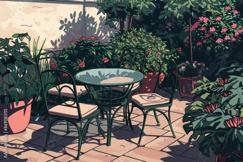 Tranquil garden patio with a wrought iron table and chairs surrounded by potted flowers, cozy vibe, Generative AI