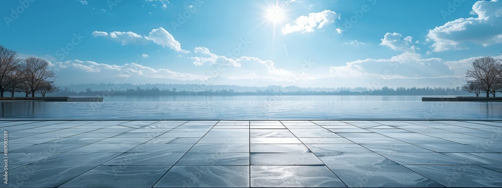 A scene of a tranquil body of water, surrounded by trees in the foreground, and a blue sky adorned with fluffy clouds in the backdrop A scene of a tranquil body of water, surrounded by trees in the foreground, and a blue sky adorned with fluffy clouds in the backdrop