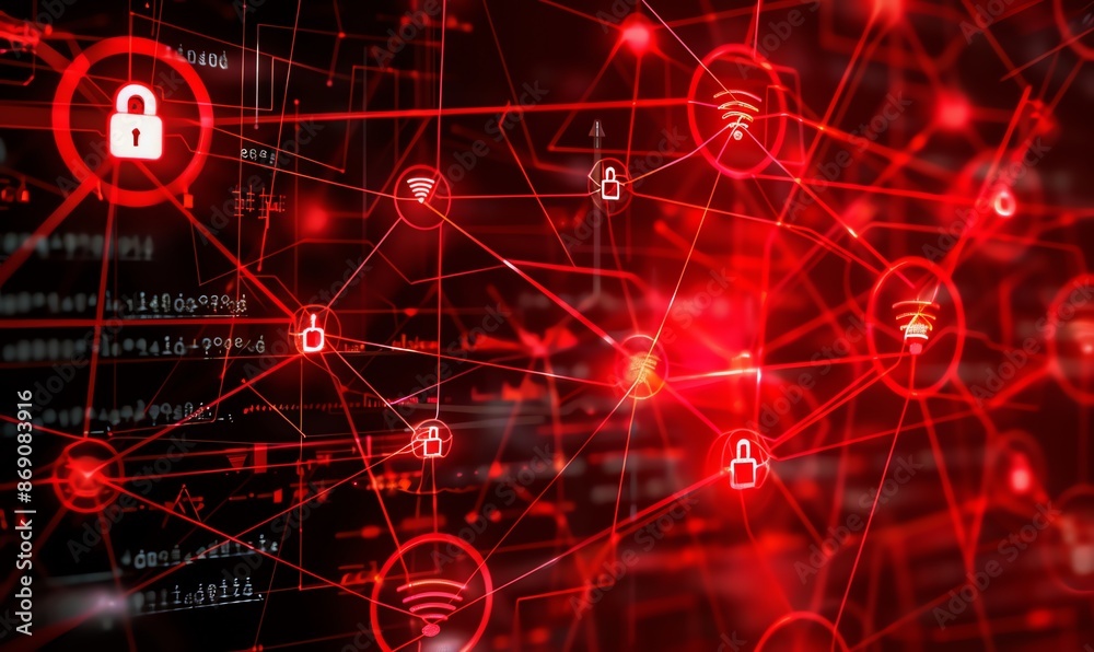 Cybersecurity Network with Red Lines and Symbols Cybersecurity Network with Red Lines and Symbols