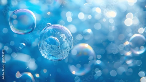 Wallpaper Mural Colorful blue Soap Bubbles Floating against a blue Background with Bokeh Effect, flying bubbles. Design children entertainment, party invitations, slow motion footage Torontodigital.ca