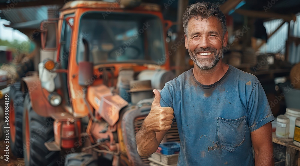 A middle-aged male repairman stood next to the engine, giving a thumbs up with his right hand. At a rural repair shop A middle-aged male repairman stood next to the engine, giving a thumbs up with his right hand. At a rural repair shop