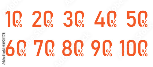 percentage number set. shopping discount numbers with 10, 20, 30, 40, 50, 60, 70, 80, 90, 100 percent off. vector symbol on transparent background.