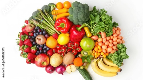 Artistic brain design made of various fruits and vegetables on a white background, showcasing healthy choices.