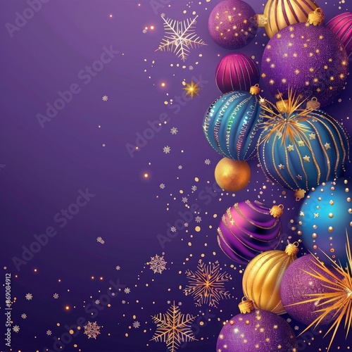 Christmas festive background with fireworks and snowflakes on a purple gradient background. Christmas greeting card, Christmas celebration, Christmas bannar photo