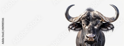  A tight shot of a bull's head, featuring extremely long horns, set against a pristine white backdrop