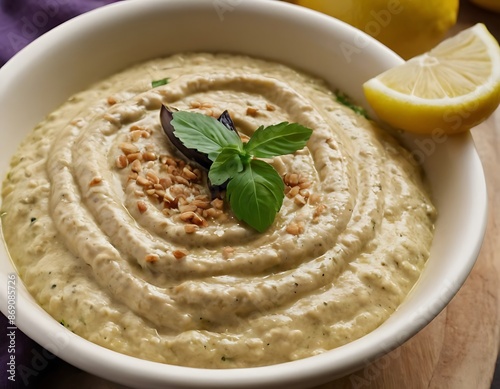 Baba ganoush dip made with grilled aubergine or eggplant, lemon juice, olive oil and tahini. Vegetarian starter food photo