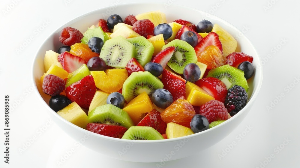 Bowl of fresh fruit salad filled with a variety of fruits, isolated on a white background. Bowl of fresh fruit salad filled with a variety of fruits, isolated on a white background.